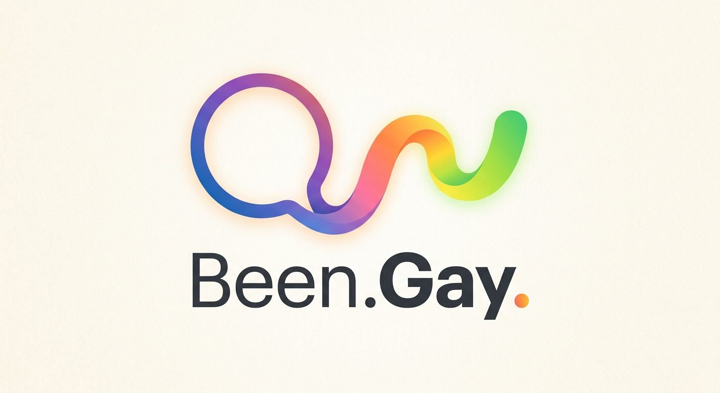 Been.Gay logotype with flowing rainbow ribbon